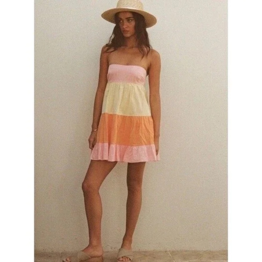 NWT Sabo Strapless Tiered Babydoll Mini Dress Sz 6 Colorblock Cotton Slub Boho